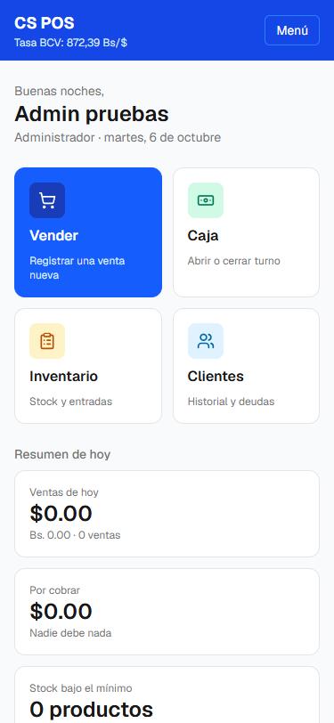 Escritorio de CS POS con accesos a vender, caja, inventario y clientes