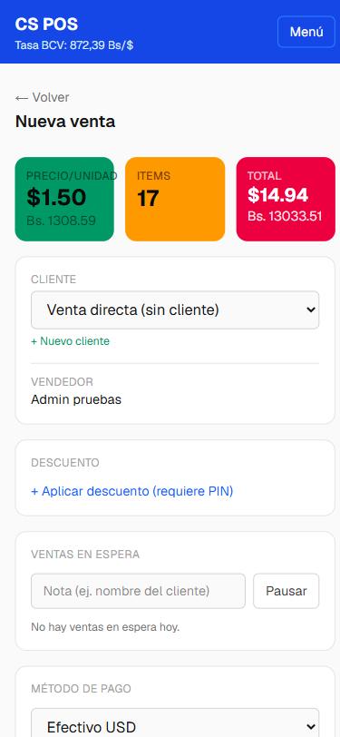 Pantalla de nueva venta con total en dólares y bolívares
